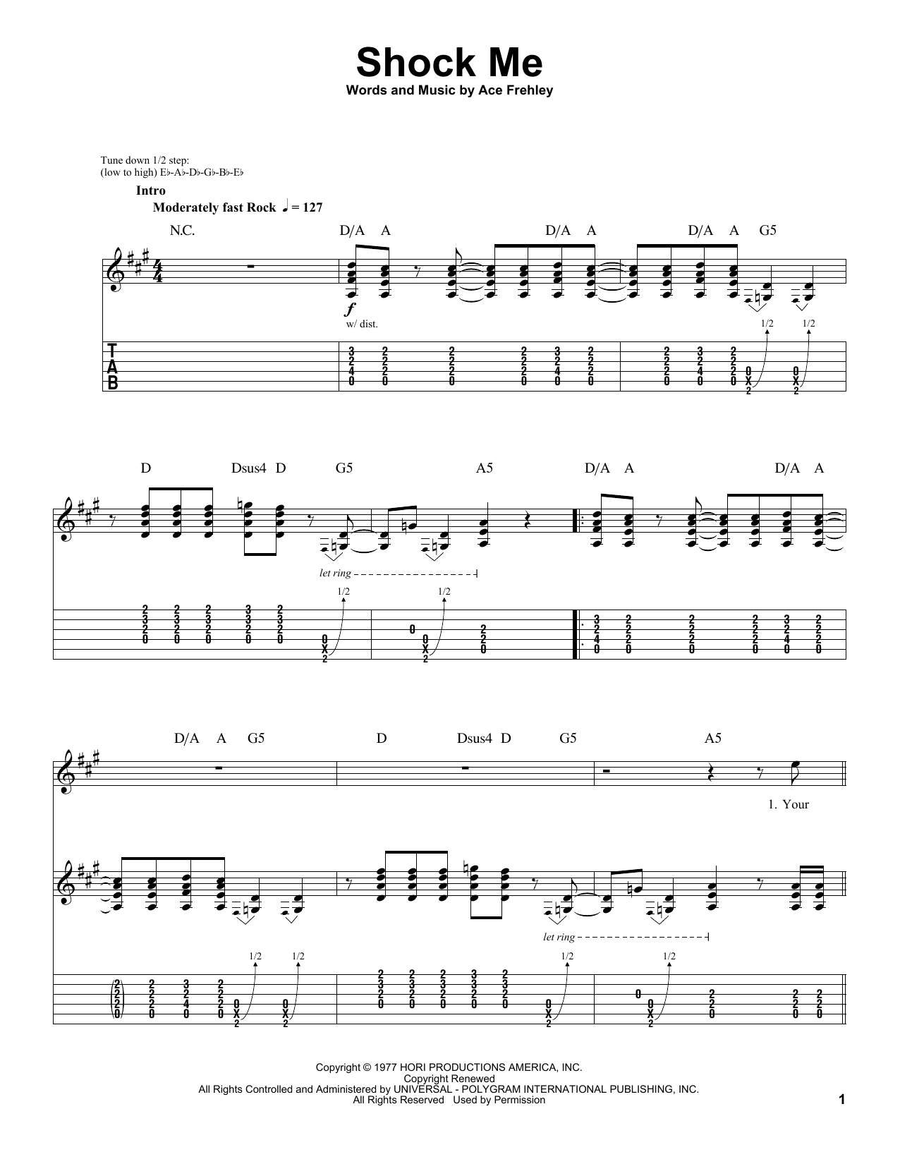 KISS Shock Me sheet music notes and chords arranged for Guitar Tab