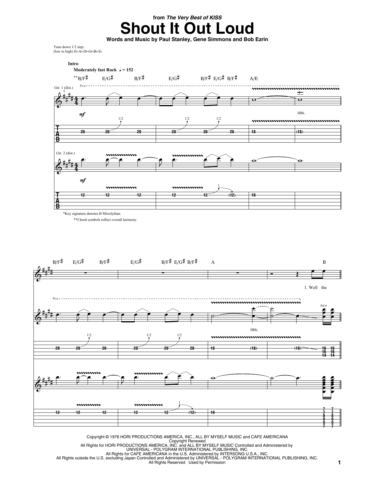 KISS Shout It Out Loud sheet music notes and chords arranged for Guitar Tab (Single Guitar)