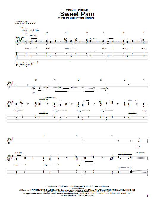 KISS Sweet Pain sheet music notes and chords arranged for Guitar Tab