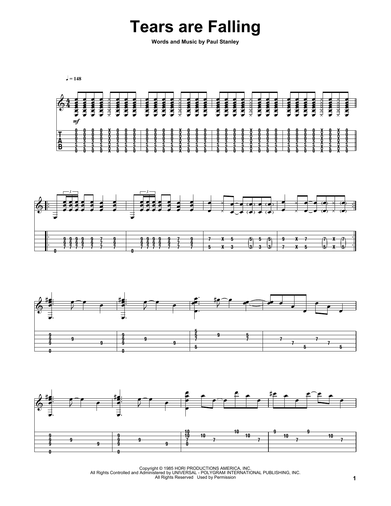 KISS Tears Are Falling sheet music notes and chords arranged for Guitar Tab