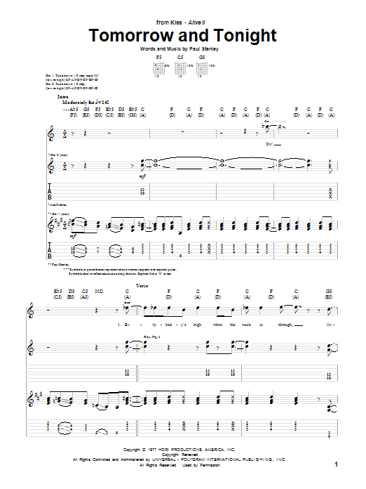 KISS Tomorrow And Tonight sheet music notes and chords arranged for Guitar Tab