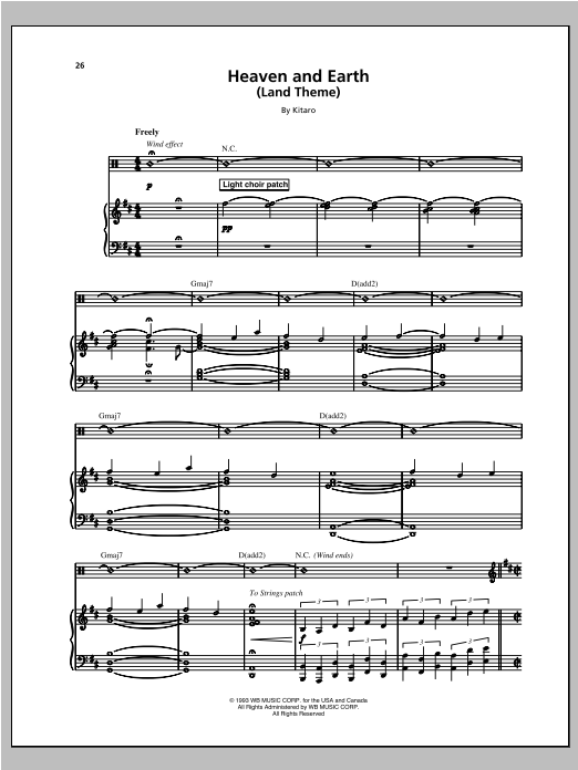 Kitaro Heaven And Earth (Land Theme) sheet music notes and chords arranged for Piano & Vocal