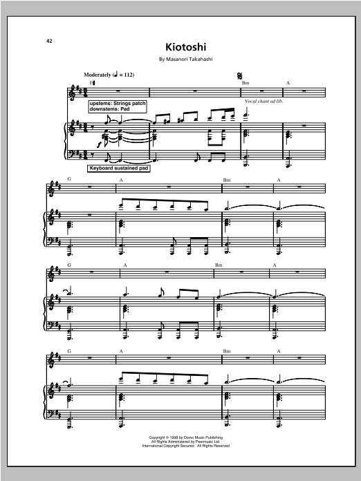Kitaro Kiotoshi sheet music notes and chords arranged for Piano & Vocal