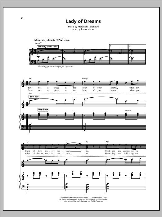 Kitaro Lady Of Dreams sheet music notes and chords arranged for Piano & Vocal
