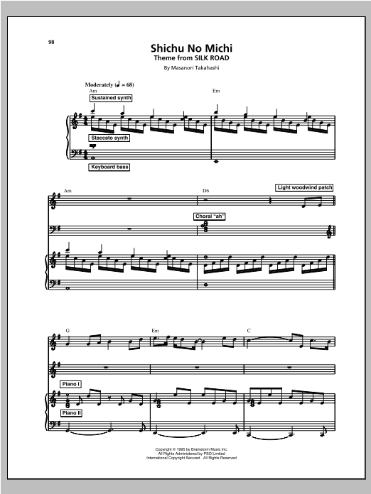 Kitaro Shichu No Michi sheet music notes and chords arranged for Piano & Vocal