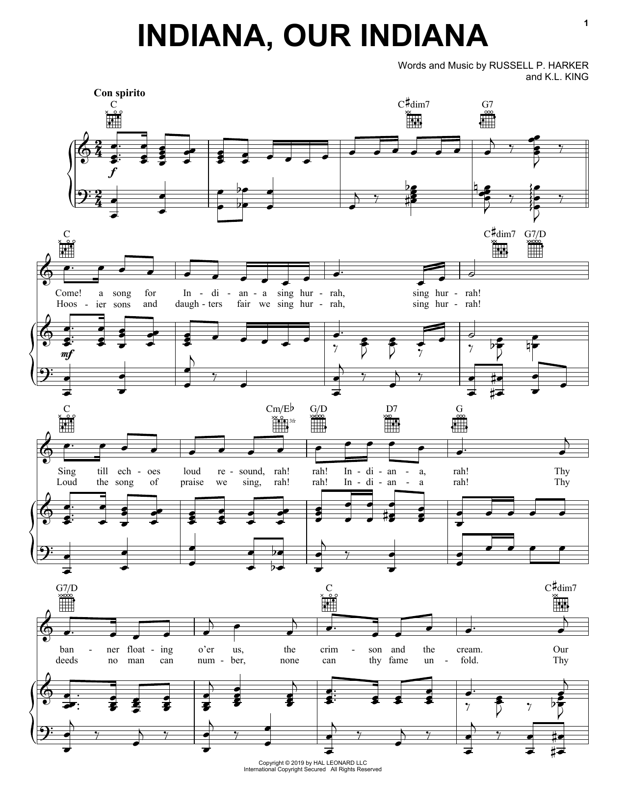 K.L. King Indiana, Our Indiana sheet music notes and chords arranged for Piano, Vocal & Guitar Chords (Right-Hand Melody)