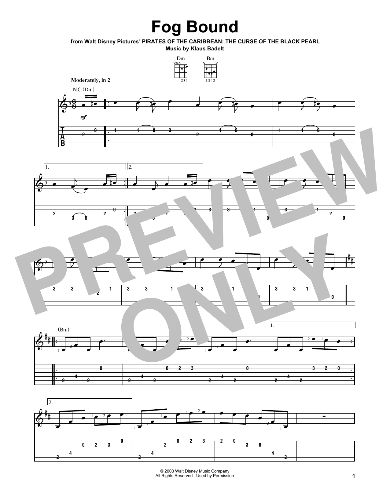 Klaus Badelt Fog Bound sheet music notes and chords arranged for Easy Guitar Tab