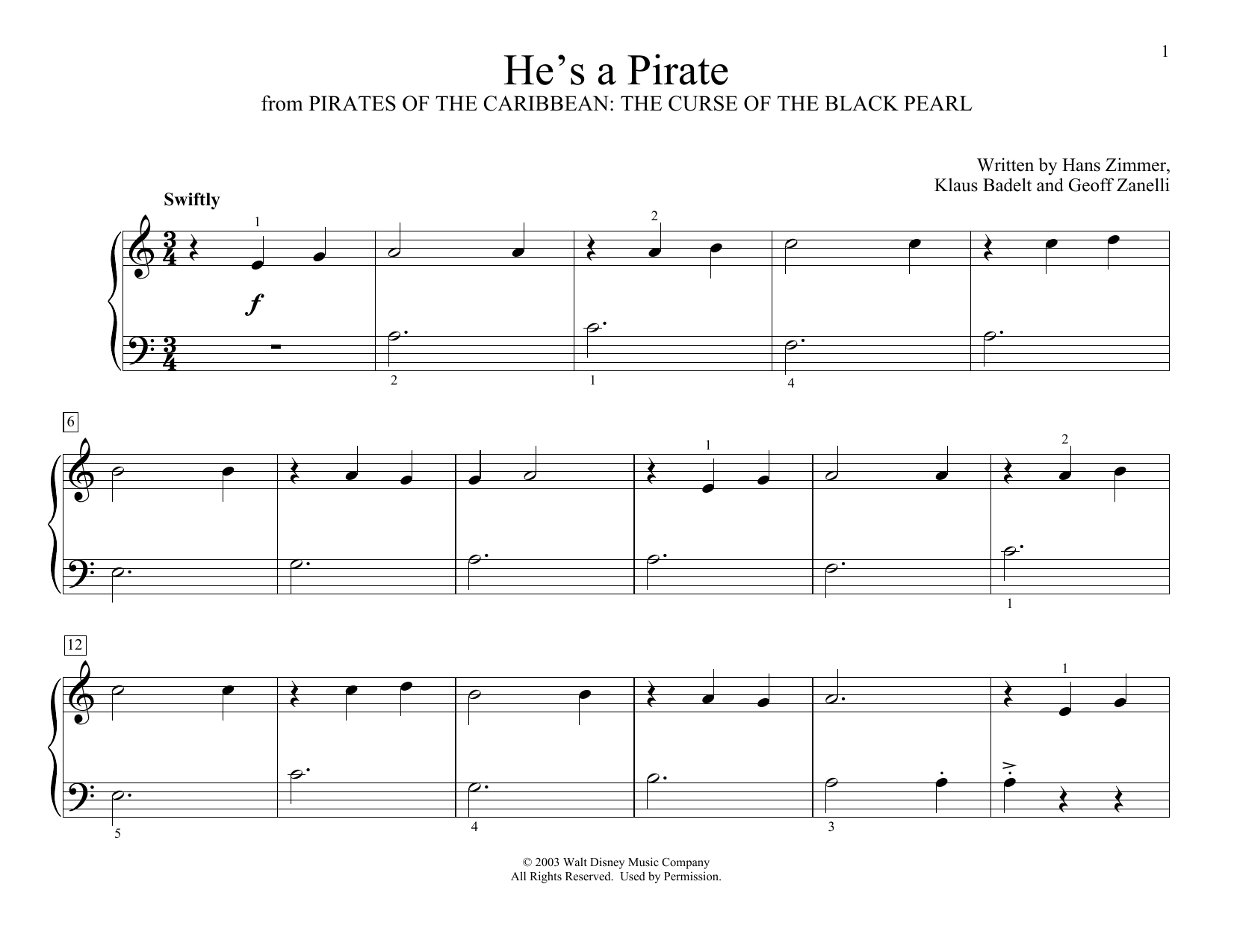Klaus Badelt He's A Pirate (from Pirates Of The Caribbean: The Curse of the Black Pearl, arr. Christopher Hussey) sheet music notes and chords arranged for Educational Piano