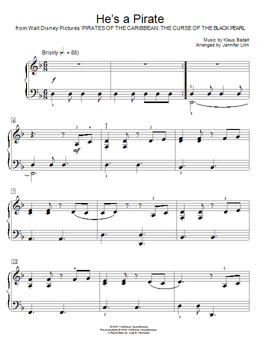 Klaus Badelt He's A Pirate (from Pirates Of The Caribbean: The Curse of the Black Pearl) (arr. Jennifer Linn) sheet music notes and chords arranged for Educational Piano