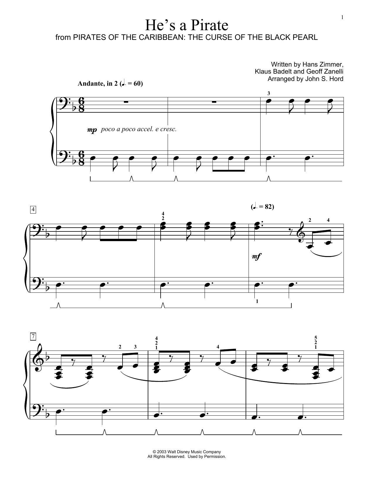 Klaus Badelt He's A Pirate (from Pirates Of The Caribbean: The Curse of the Black Pearl) (arr. John S. Hord) sheet music notes and chords arranged for Educational Piano