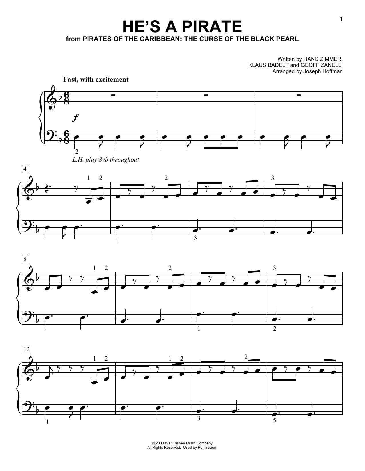 Klaus Badelt He's A Pirate (from Pirates Of The Caribbean: The Curse Of The Black Pearl) (arr. Joseph Hoffman) sheet music notes and chords arranged for Easy Piano
