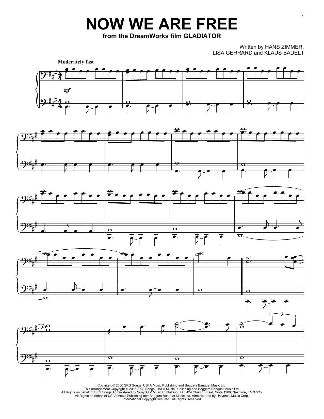 Klaus Badelt Now We Are Free sheet music notes and chords arranged for Piano Solo