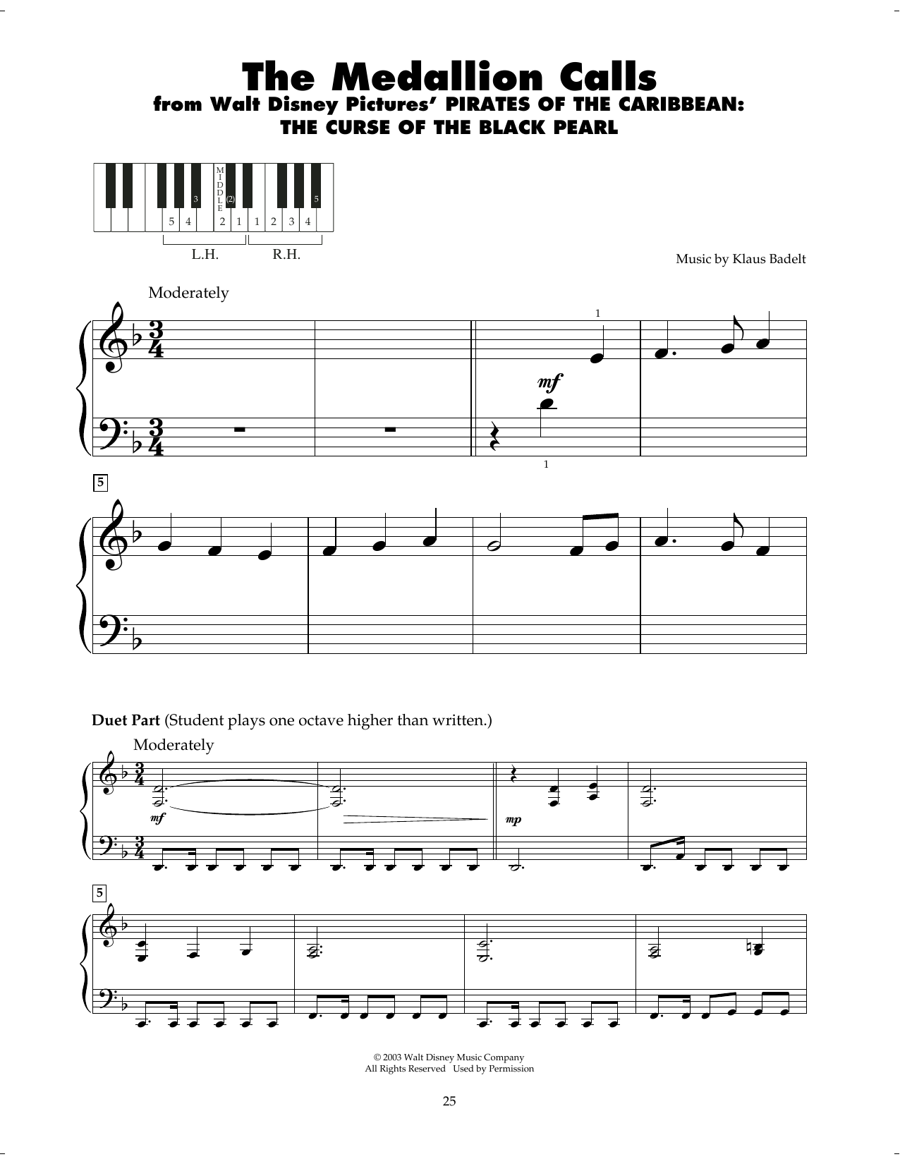 Klaus Badelt The Medallion Calls (from Pirates Of The Caribbean: The Curse of the Black Pearl) sheet music notes and chords arranged for 5-Finger Piano