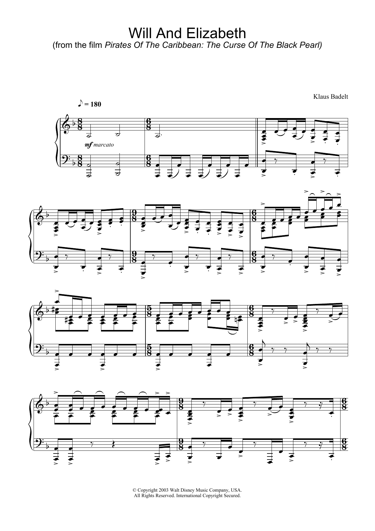 Klaus Badelt Will And Elizabeth sheet music notes and chords arranged for Piano Solo