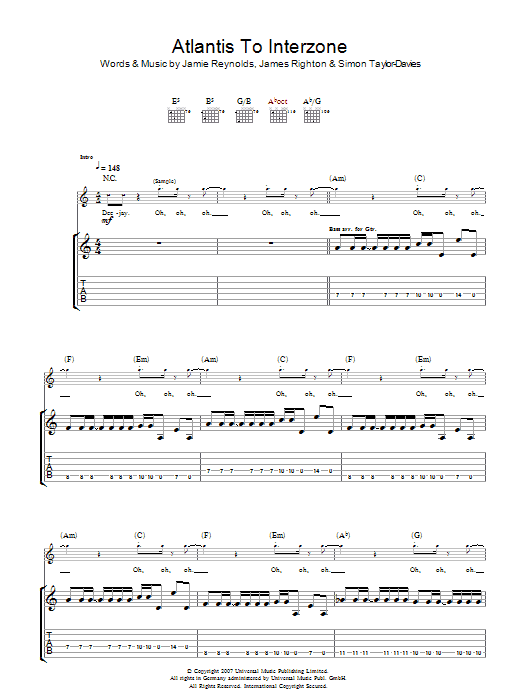 Klaxons Atlantis To Interzone sheet music notes and chords arranged for Guitar Tab