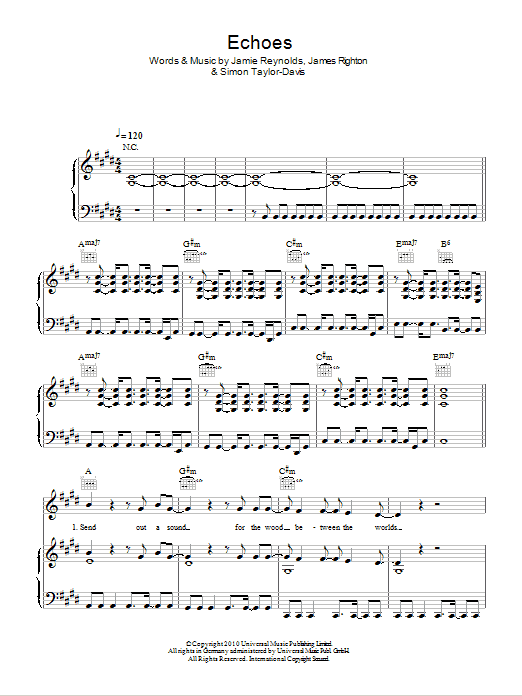 Klaxons Echoes sheet music notes and chords arranged for Piano, Vocal & Guitar Chords