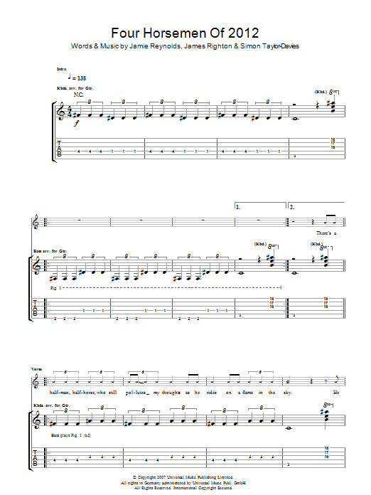 Klaxons Four Horsemen Of 2012 sheet music notes and chords arranged for Guitar Tab