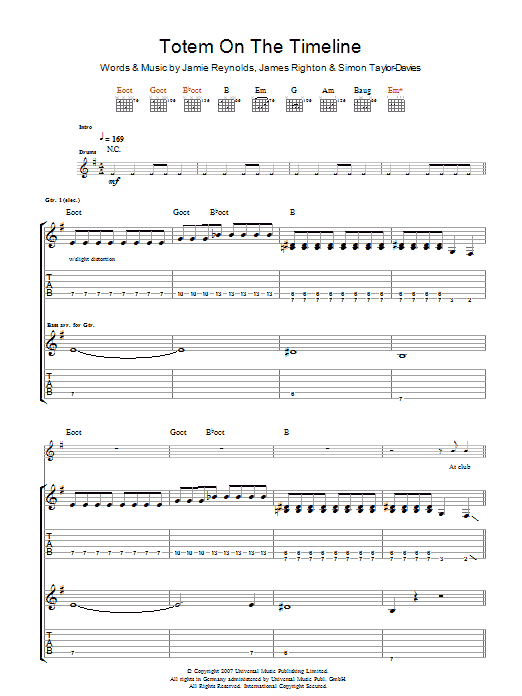 Klaxons Totem On The Timeline sheet music notes and chords arranged for Guitar Tab