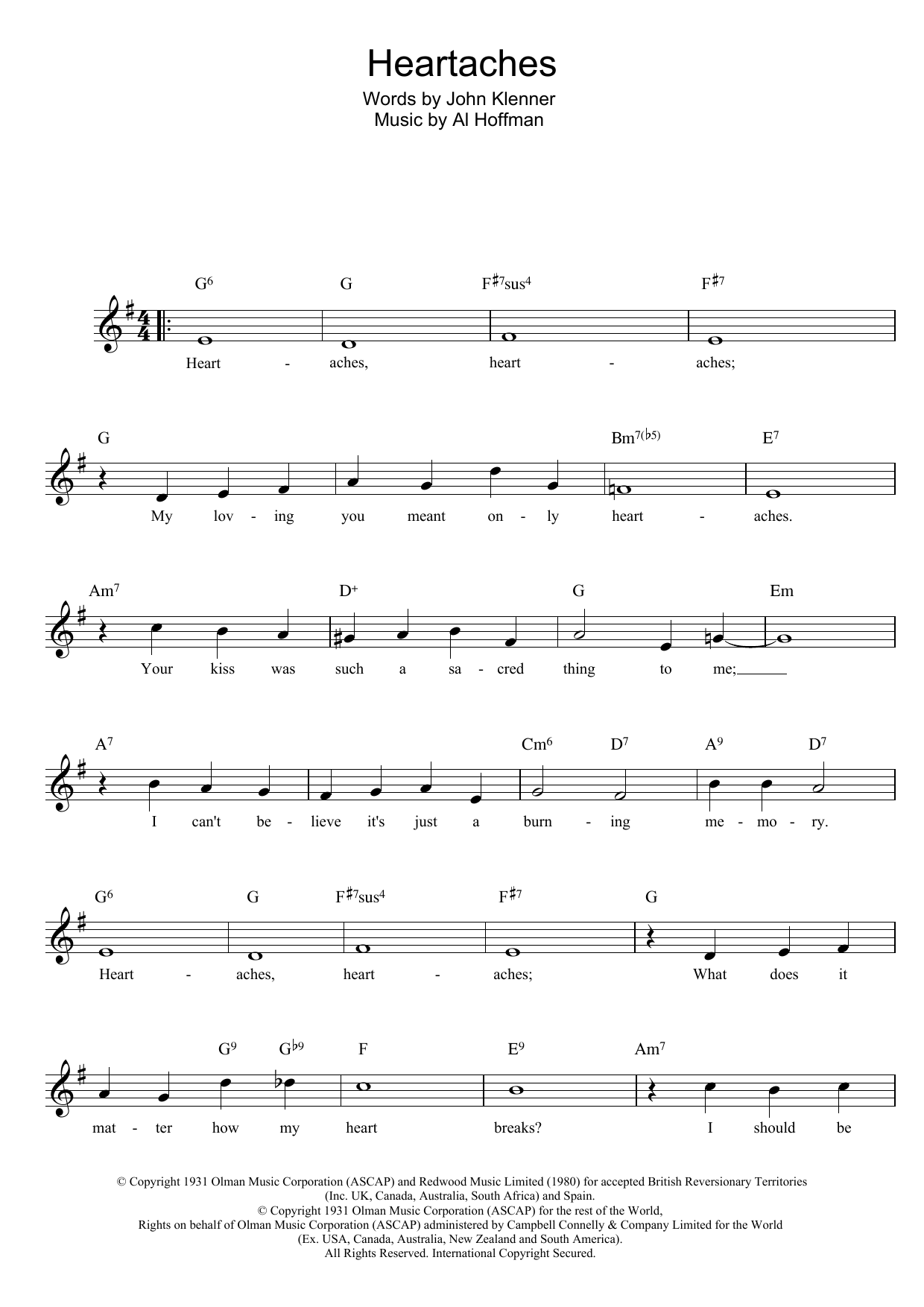 Klenner And Hoffman Heartaches sheet music notes and chords arranged for Lead Sheet / Fake Book