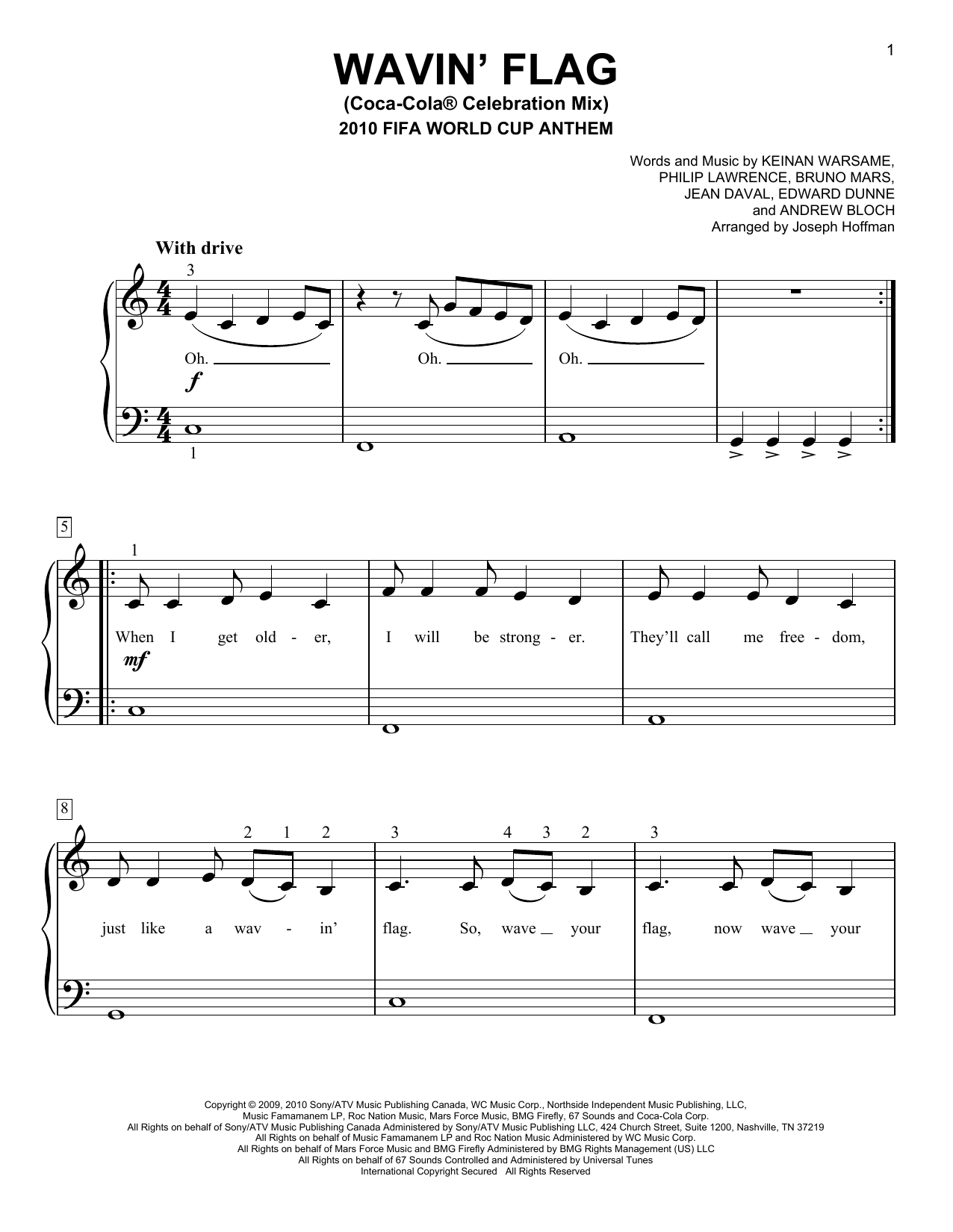 K'naan Wavin' Flag (Coca-Cola Celebration Mix) (2010 FIFA World Cup Anthem) (arr. Joseph Hoffman) sheet music notes and chords arranged for Easy Piano