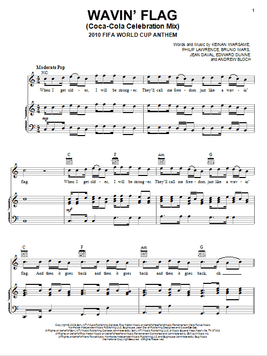 K'naan Wavin' Flag (Coca-Cola Celebration Mix) (2010 FIFA World Cup Anthem) sheet music notes and chords arranged for Piano, Vocal & Guitar Chords (Right-Hand Melody)