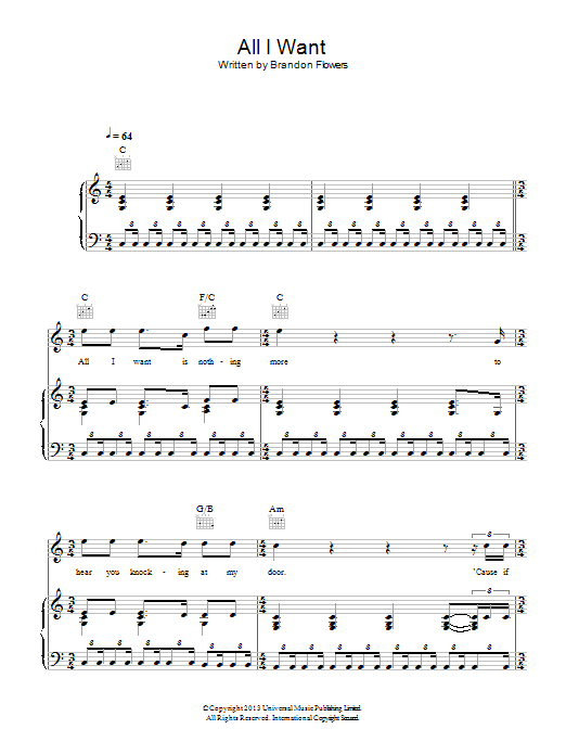Kodaline All I Want sheet music notes and chords arranged for Piano, Vocal & Guitar Chords (Right-Hand Melody)