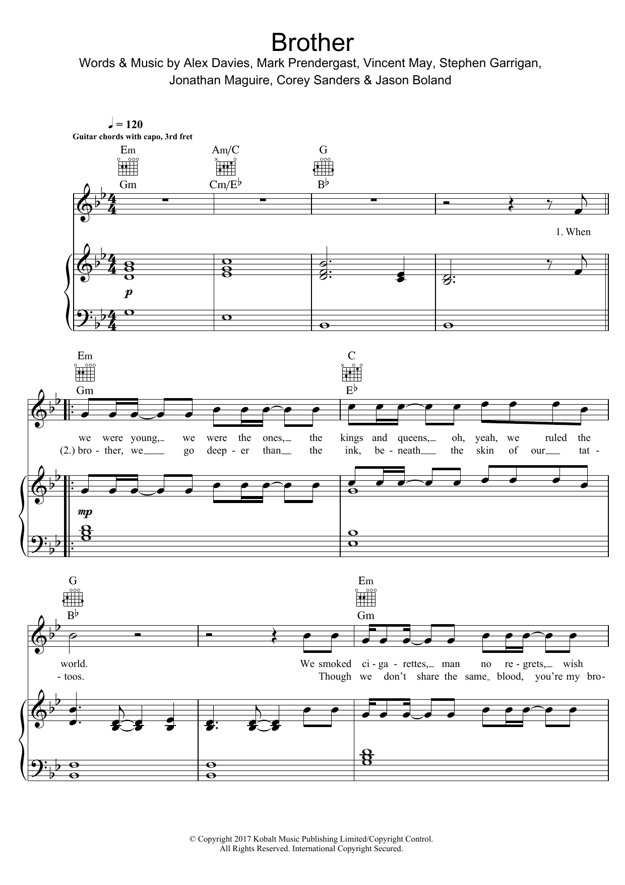 Kodaline Brother sheet music notes and chords arranged for Piano, Vocal & Guitar Chords