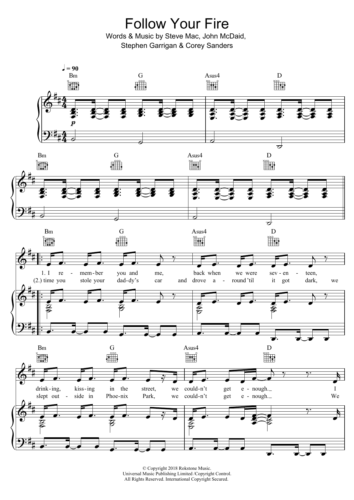 Kodaline Follow Your Fire sheet music notes and chords arranged for Piano, Vocal & Guitar Chords