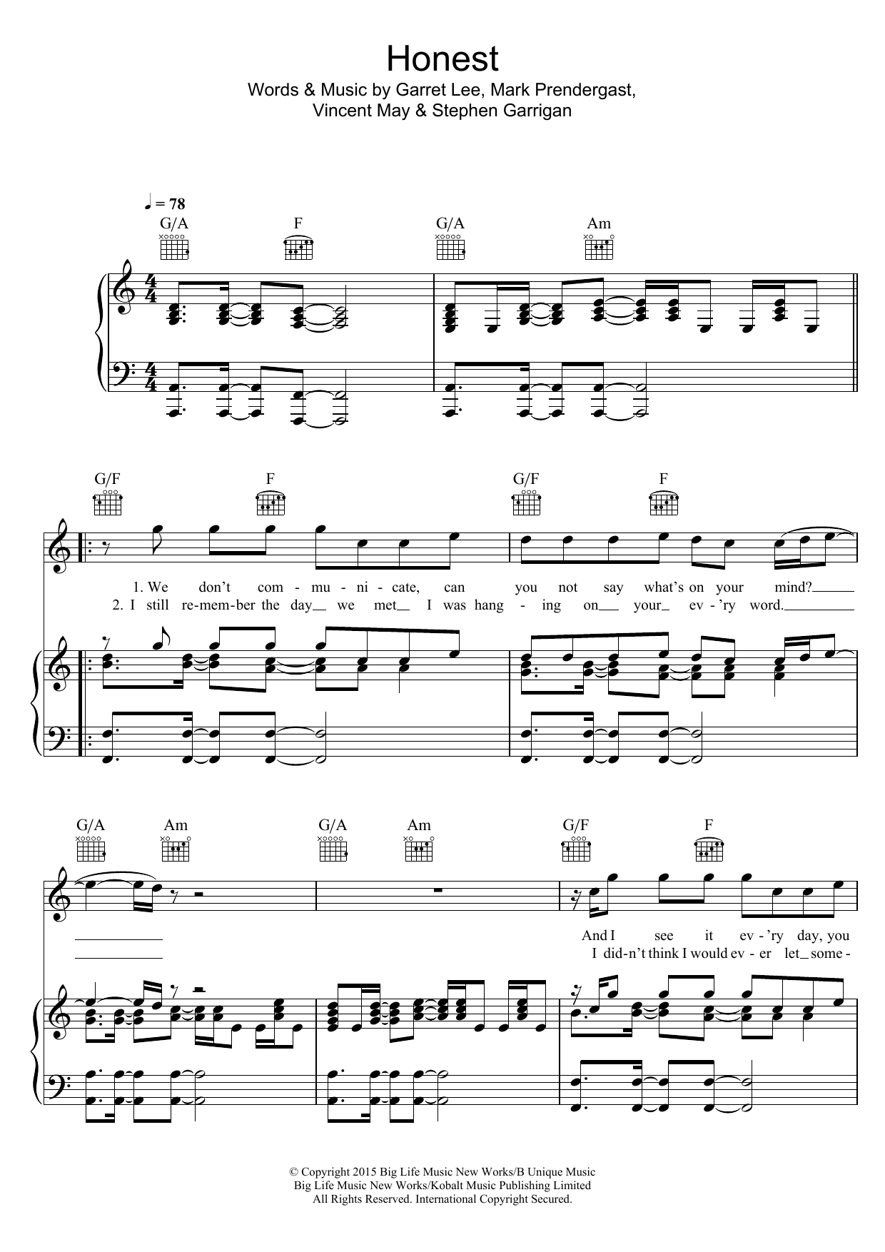 Kodaline Honest sheet music notes and chords arranged for Piano, Vocal & Guitar Chords