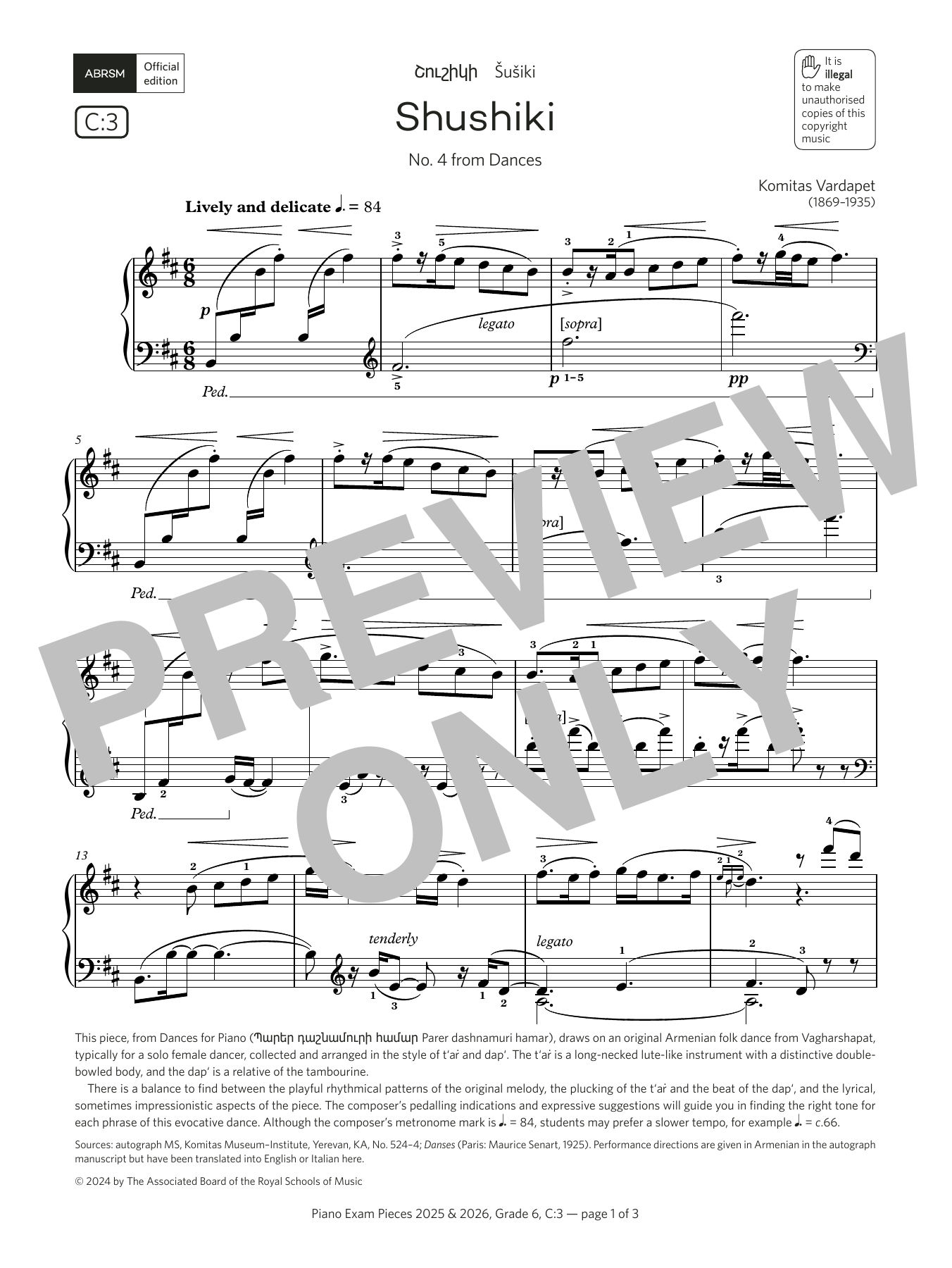 Komitas Vardapet Shushiki (Grade 6, list C3, from the ABRSM Piano Syllabus 2025 & 2026) sheet music notes and chords arranged for Piano Solo
