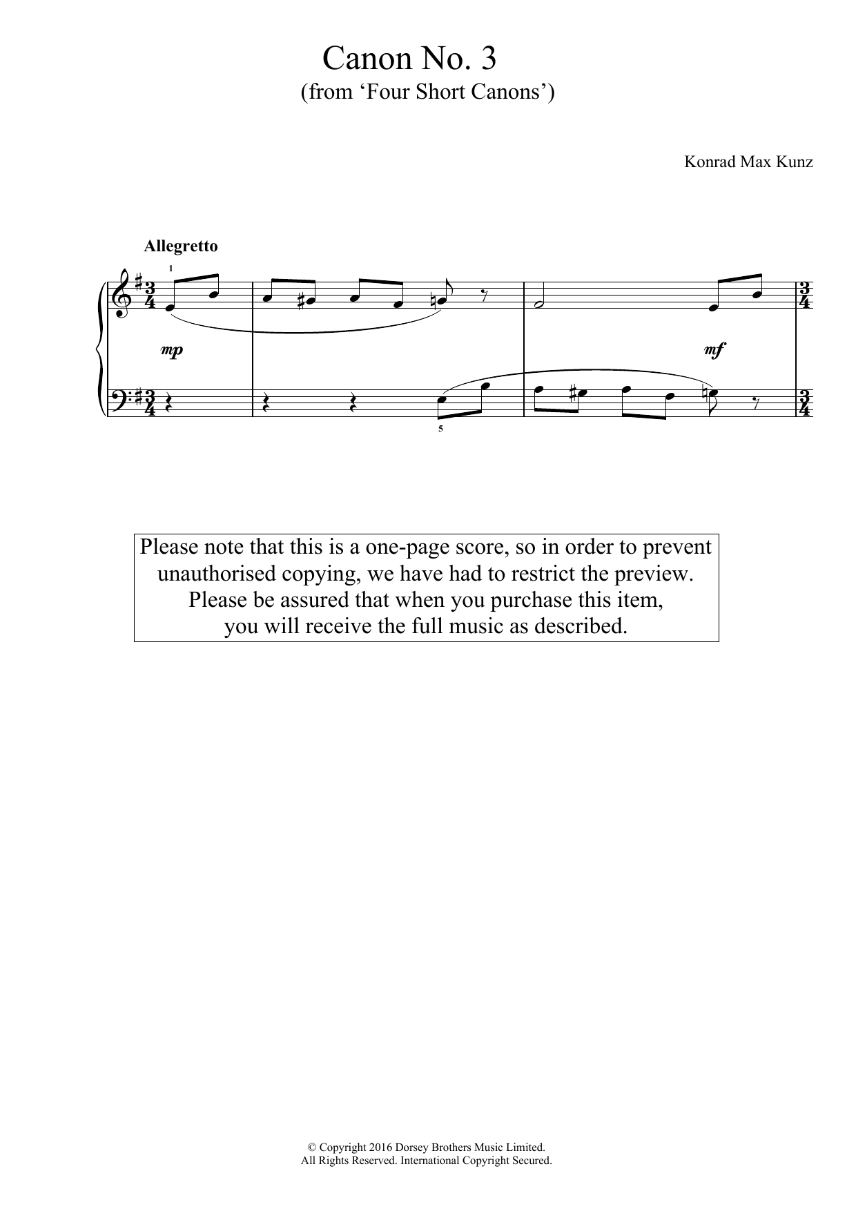 Konrad Max Kunz Canon No. 3 (from 'Four Short Canons') sheet music notes and chords arranged for Easy Piano
