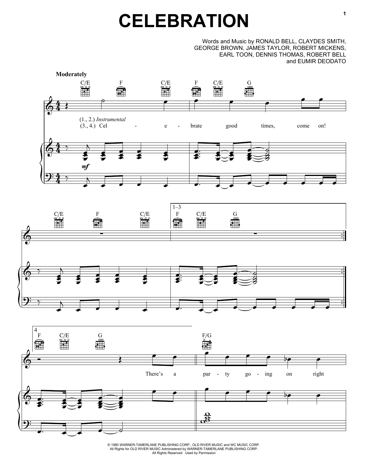 Kool & The Gang Celebration sheet music notes and chords arranged for Piano, Vocal & Guitar Chords (Right-Hand Melody)