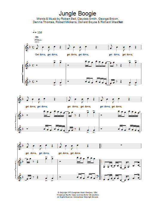 Kool And The Gang Jungle Boogie sheet music notes and chords arranged for Piano, Vocal & Guitar Chords