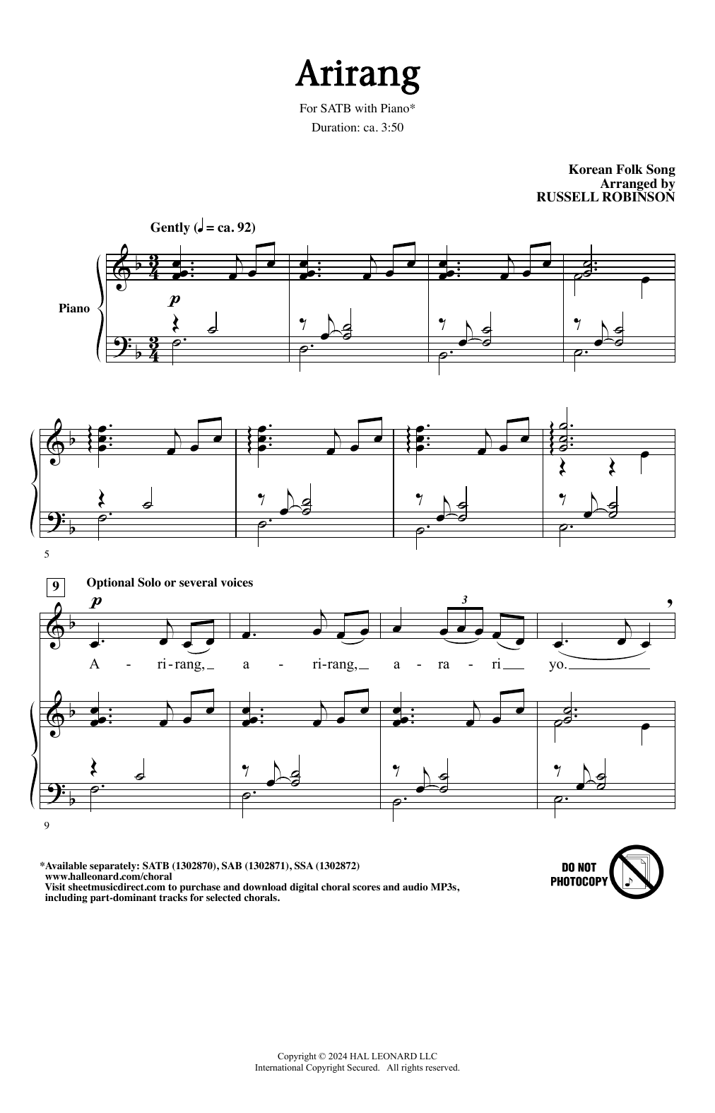 Korean folk song Arirang (arr. Russell Robinson) sheet music notes and chords arranged for SSA Choir