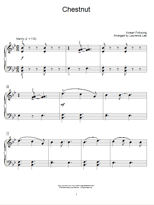 Korean Folksong Chestnut sheet music notes and chords arranged for Educational Piano