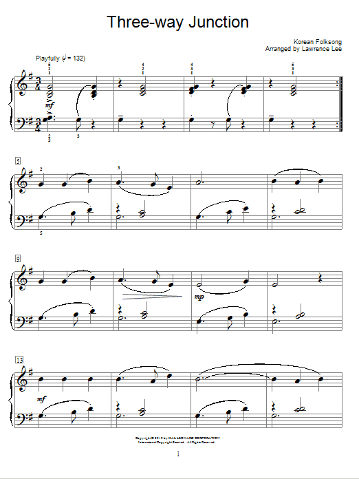 Korean Folksong Three-Way Junction sheet music notes and chords arranged for Educational Piano
