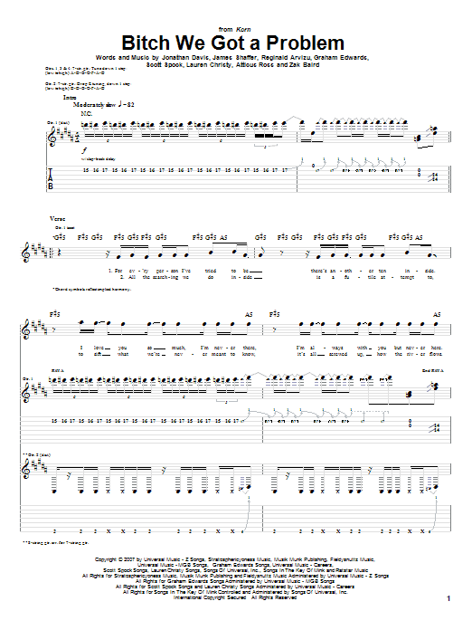 Korn Bitch We Got A Problem sheet music notes and chords arranged for Guitar Tab