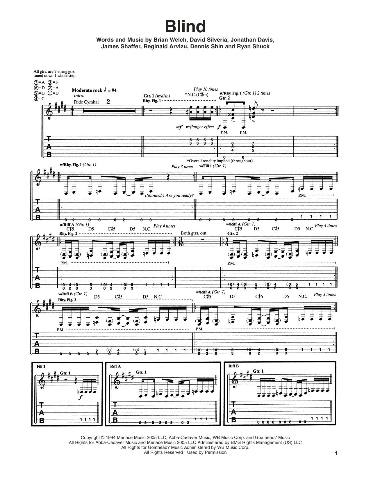 Korn Blind sheet music notes and chords arranged for Guitar Tab