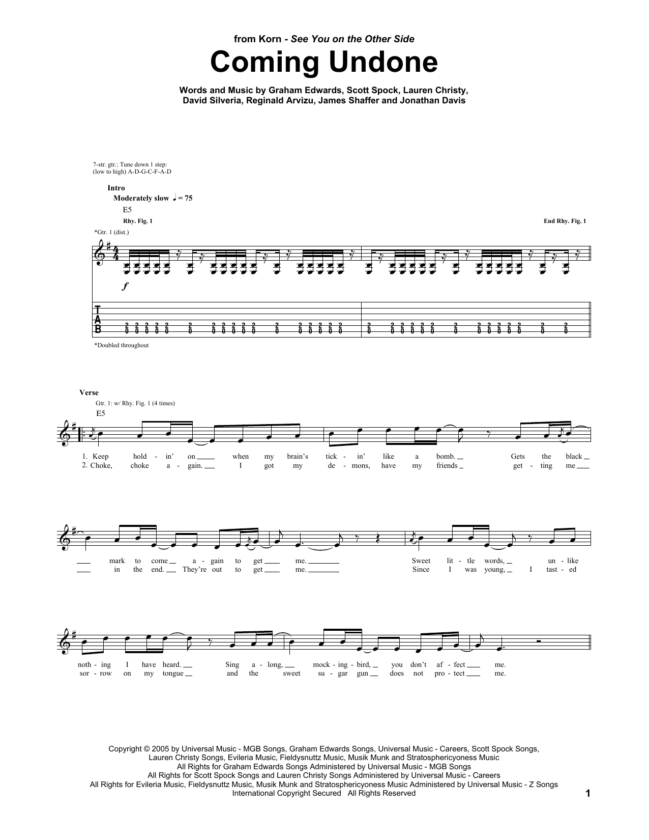 Korn Coming Undone sheet music notes and chords arranged for Guitar Tab