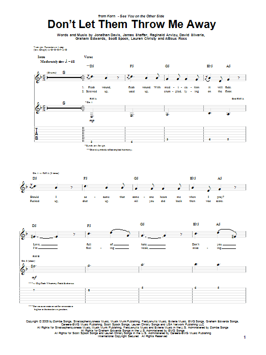 Korn Don't Let Them Throw Me Away sheet music notes and chords arranged for Guitar Tab