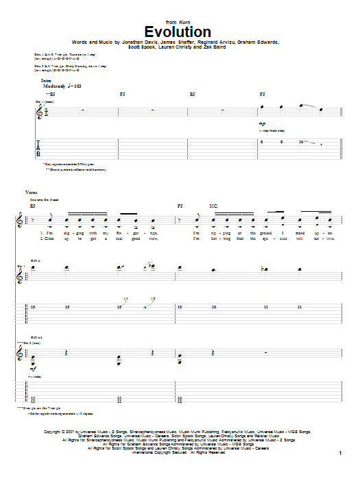 Korn Evolution sheet music notes and chords arranged for Guitar Tab