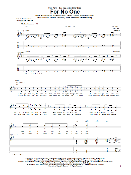 Korn For No One sheet music notes and chords arranged for Guitar Tab