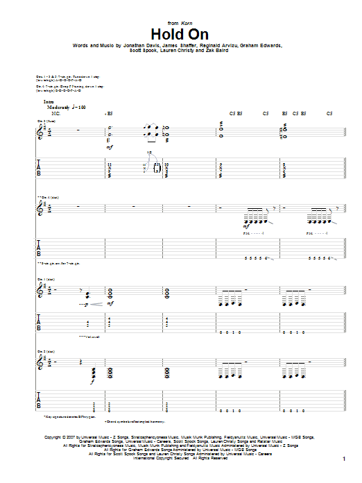 Korn Hold On sheet music notes and chords arranged for Guitar Tab