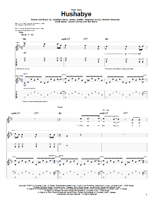 Korn Hushabye sheet music notes and chords arranged for Guitar Tab