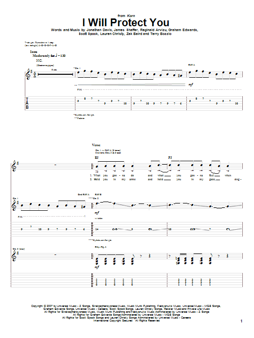 Korn I Will Protect You sheet music notes and chords arranged for Guitar Tab