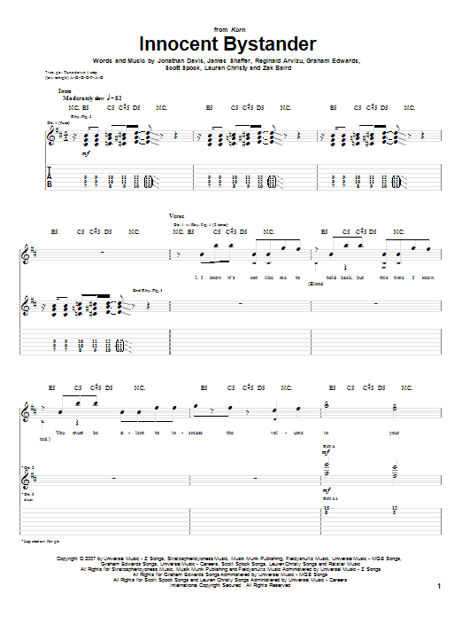 Korn Innocent Bystander sheet music notes and chords arranged for Guitar Tab