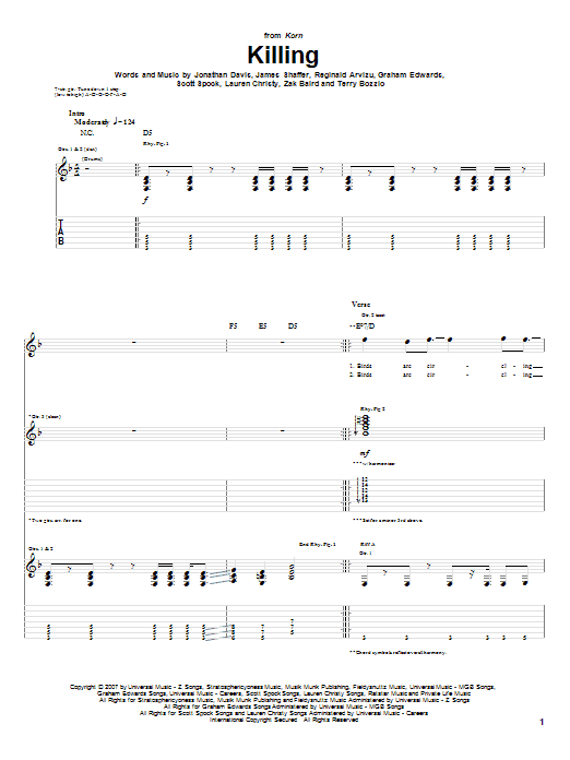 Korn Killing sheet music notes and chords arranged for Guitar Tab