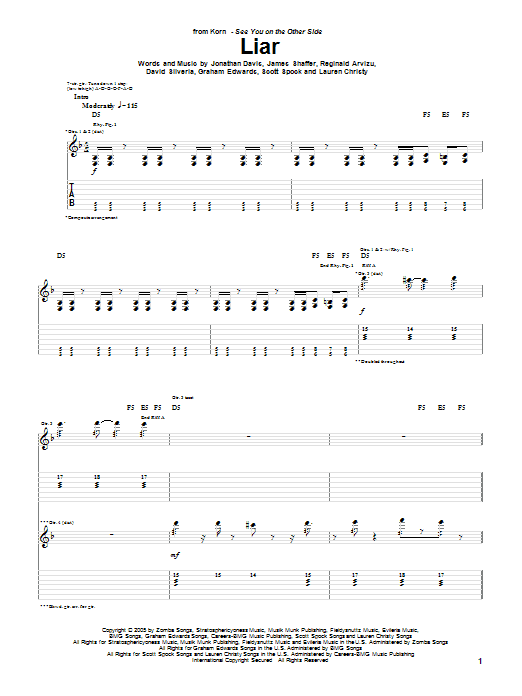 Korn Liar sheet music notes and chords arranged for Guitar Tab