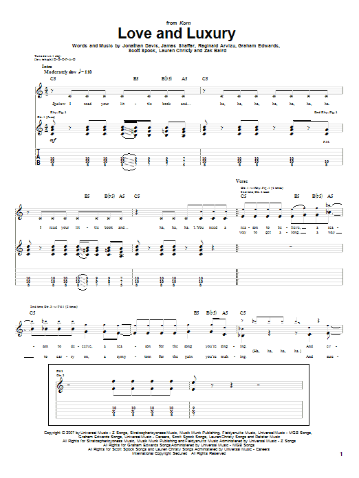 Korn Love And Luxury sheet music notes and chords arranged for Guitar Tab