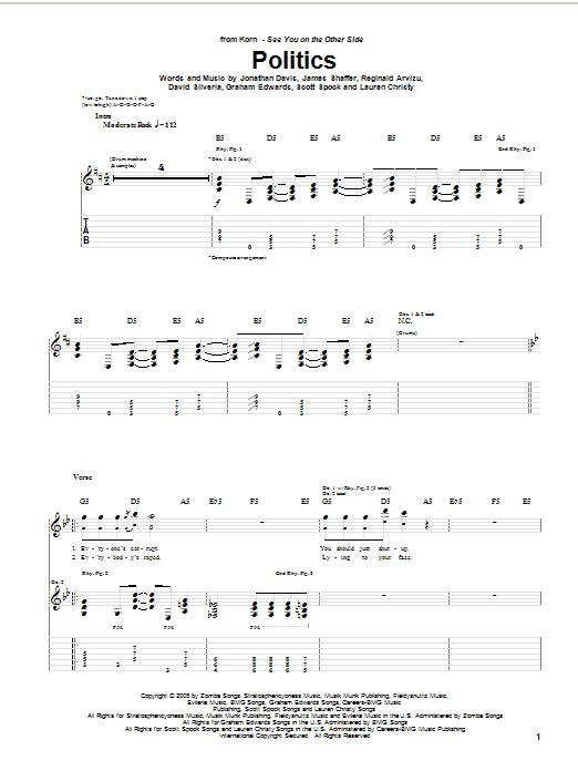 Korn Politics sheet music notes and chords arranged for Guitar Tab